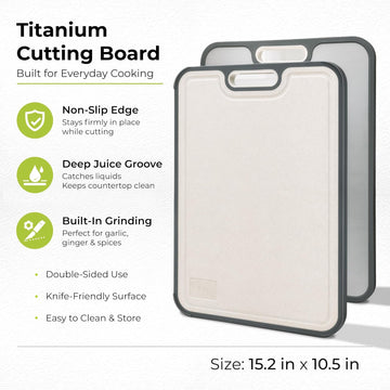 Freshware Titanium Cutting Board for Kitchen, Double Sided and Non Slip Cutting Boards, Pure Titanium/PP, Chopping Board with Juice Grooves, Dishwasher Safe, Large 15.2" by 10.5"