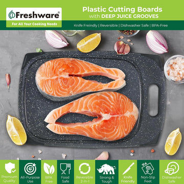 Plastic Cutting Boards for Kitchen, Cutting Board Set of 3, Juice Grooves with Easy Grip Handle, BPA-Free, Non-Porous, Dishwasher Safe, Black Marble